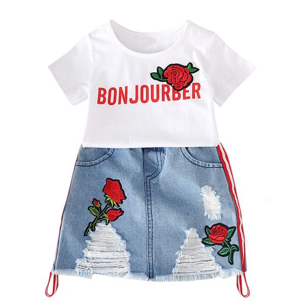 

new arrival 2pcs children kids girls letter rose t-shirt+ripped jeans skirt set outfit z0128, White