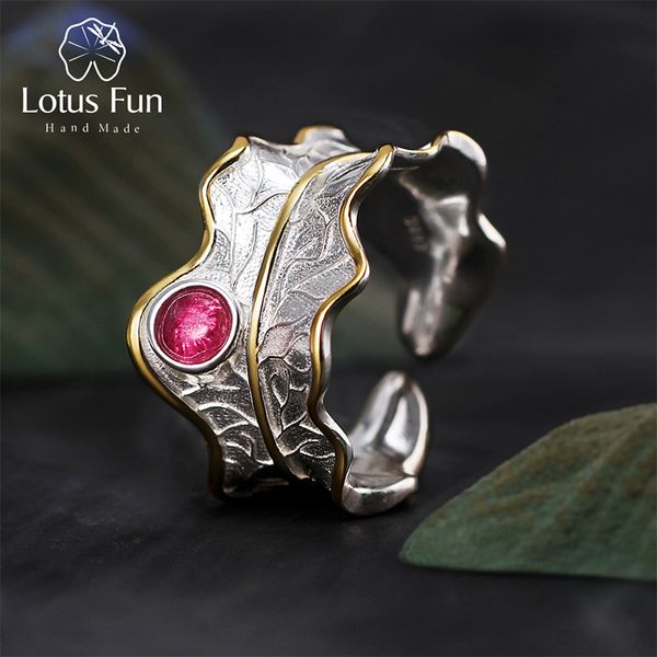 

lotus fun real 925 sterling silver ring natural tourmaline gemstones fine jewelry adjustable peony leaf rings for women bijoux, Slivery;golden