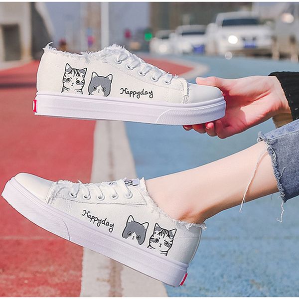 

women flats cute cat sneakers canvas 2020 summer casual lace up flat platform ladies comfortable vulcanized animal female shoes, Black