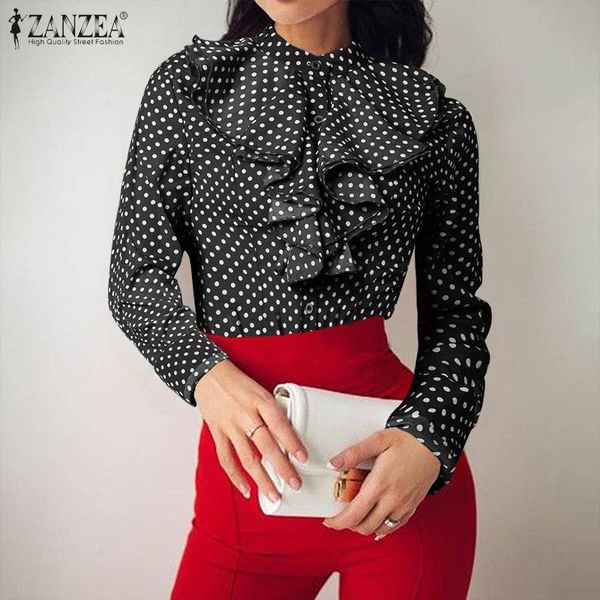 

fashion women polka dot blouse zanzea elegant shirt vintage ruffles flounce femininas long sleeve shirts work blusas, White