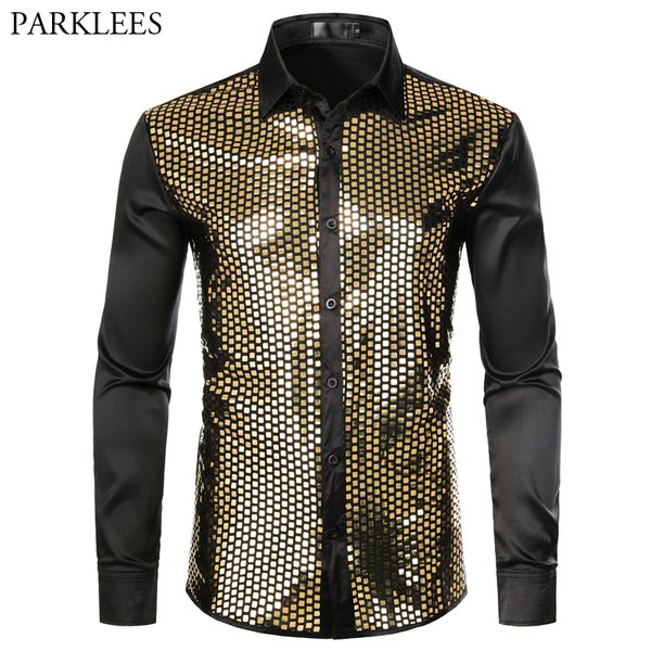 

shiny gold sequin black silk dress shirts men long sleeve button down shiny disco party shirts male nightclub party prom chemise, White;black
