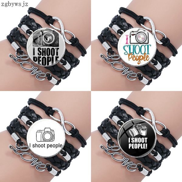 

harajuku style jewelry with glass cabochon multilayer black leather lobster bracelet bangle for women i shoot people, Golden;silver