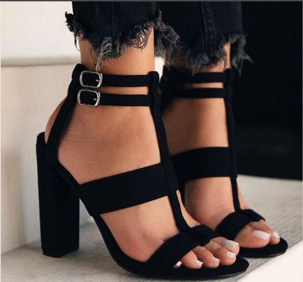 

women's shoes roman style fish mouth buckle thin belt combination thick heel sandals casual daily solid color high heels, Black