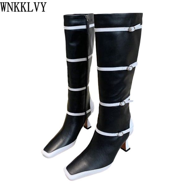 

square toe buckle strap knee high boots women high heel genuine leather mixed color long boots winter gladiator runway shoes, Black