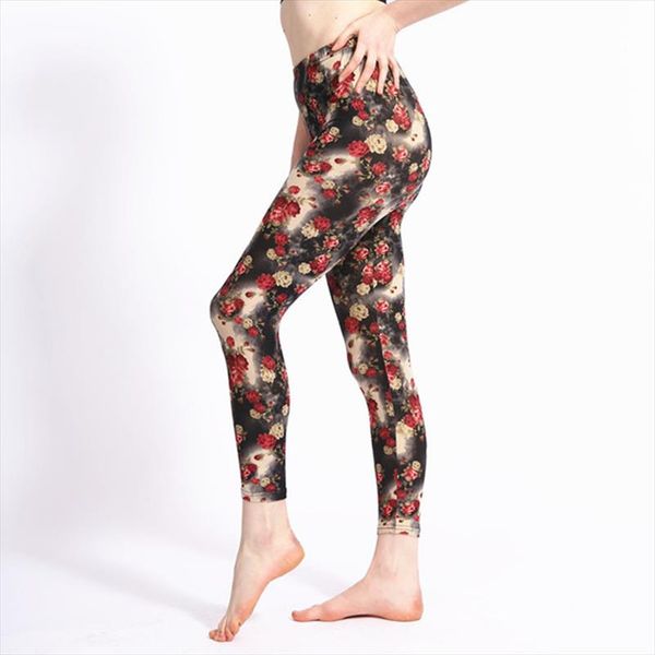 

новое прибытие красная роза цветы печать женщины леггинсы высокой талией полиэстер spandex мягкий материал sexy упругие фитнес legging, Black