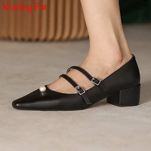 

krazing pot genuine leather med heels square toe pearl-studded buckle straps decoration runway model wedding women pumps l0f1, Black
