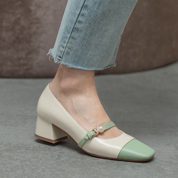 

kmeioo fashion shallow shoes woman square toe chunky heels female buckle strap pumps mary janes block heel shoes for casual, Black