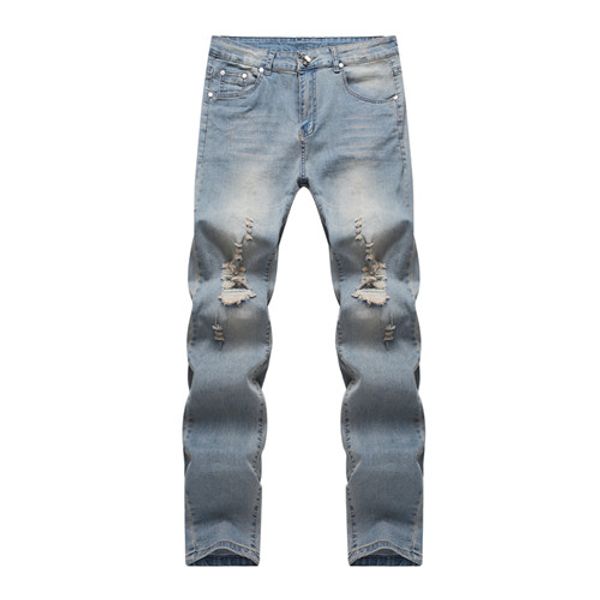 

men distressed destroyed biker jeans faded blue skinny jeans hole denim straight slim fit casual pants for man