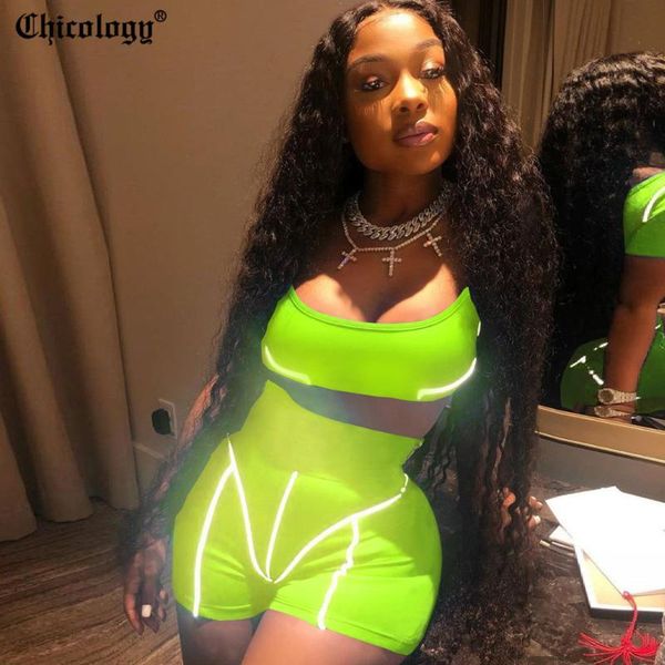 

chicology reflective stripe t shirt crop biker short women two piece set 2020 summer female sporting clothing, Gray