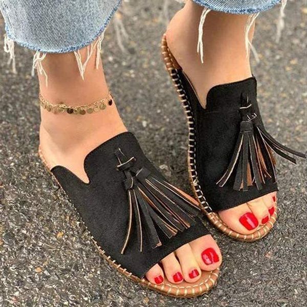 

новые сандалии плоские кисточки open toe casual мулы пляжная обувь дышащая anti-slip трусы, Black