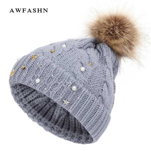 

2020 new fashion winter cute ladies pompom knit hat pearl star decoration rhinestone beanie women warm soft cap christmas bonnet, Blue;gray