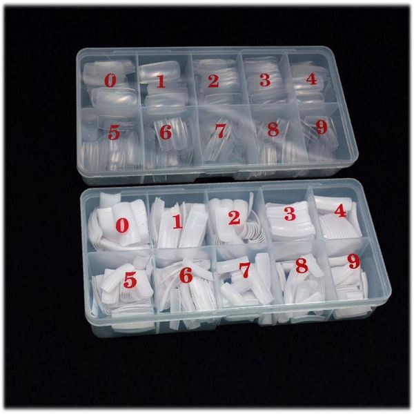 

500pcs/box fake nails transparent white french acrylic false nail tips with box half tips nail art practice display design tools, Red;gold