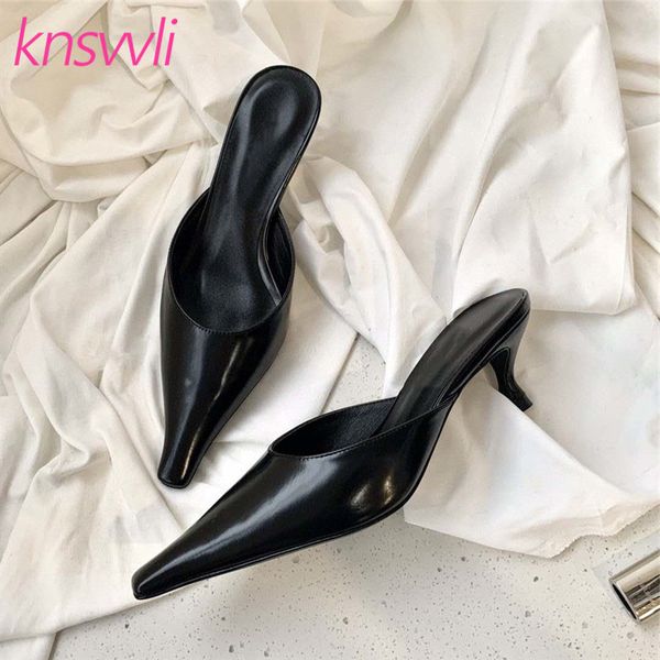 

runway mules high heels women slippers little square toe genuine leather brand shoes ladies summer kitten heels sandals woman, Black