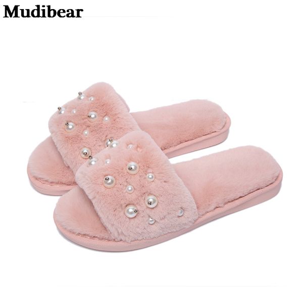 

mudibear new style pearl furry slippers women's autumn winter home indoor comfortable sandals wooden floor warm cotton slippers, Black