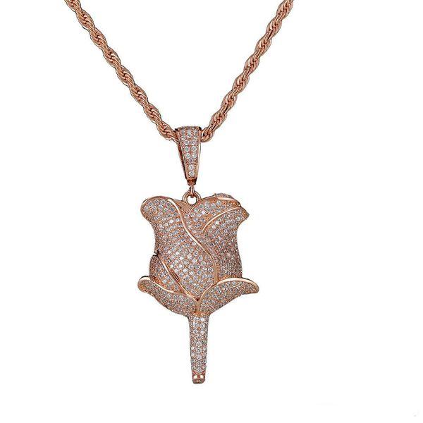 

new rose flower petals necklace pendant with rope chain iced out cubic zircon bling men hip hop jewelry, Silver