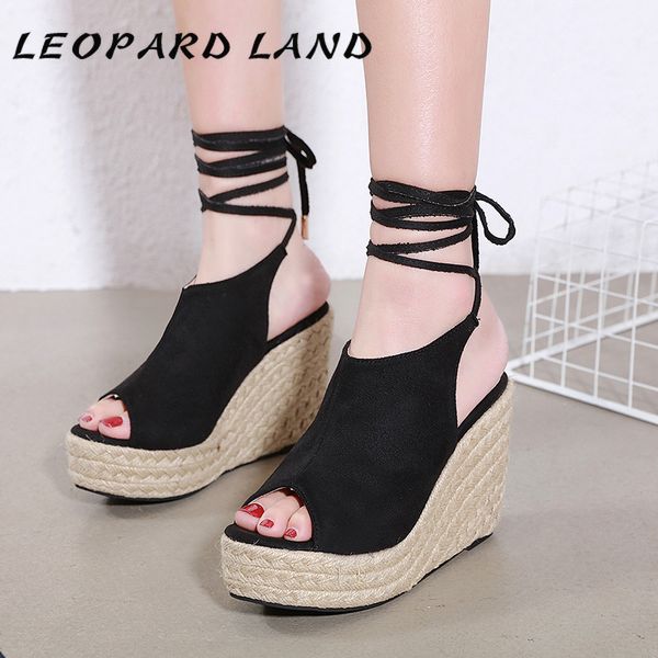

leopard land 2020 summer new style women's wedge shoes suede shallow mouth platform high-heeled ladies' sandals, Black