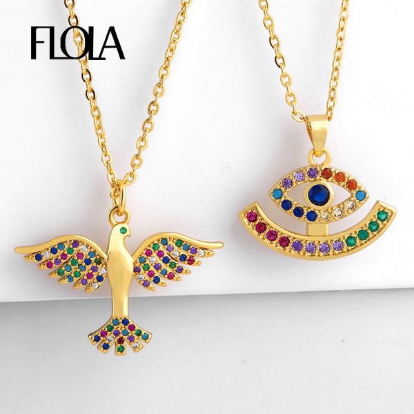 

flola cz rainbow peace pigeon necklace for woman zirconia greek eye pendant necklace 24k gold greek jewelry olho grego nkep50, Silver