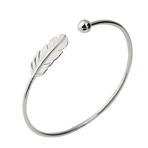 

925 sterling silver bracelet feather charm bangles open adjustable cuff bangle silver plated bracelets fashion jewelry, Black