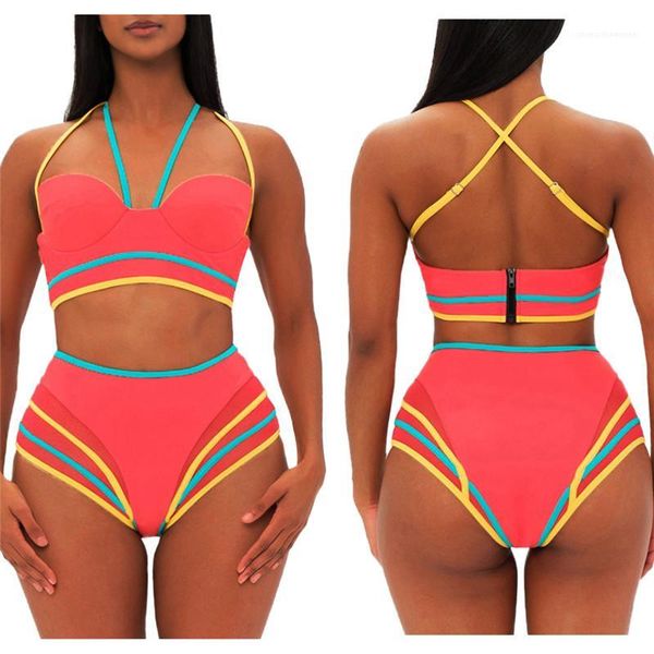 

ladies tankinis with zipper halter patchwork bikini candy color summer womens designer bikinis wrapped chest high waist push up, White;black
