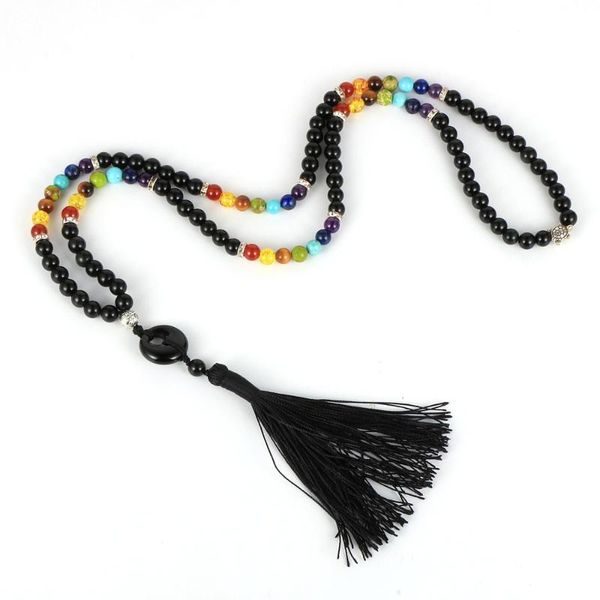 

natural stone 6mm 108 male beads necklace obsidian tiger eye turquoises pingan peace buckle pendant tassel 7 chakras jewelry, Silver