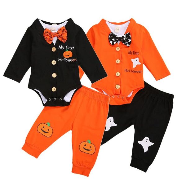 

2020 new halloween newborn baby boys 3pcs clothes my first halloween long sleeve letter print bodysuit+bow-tie bodysuit+pants, White