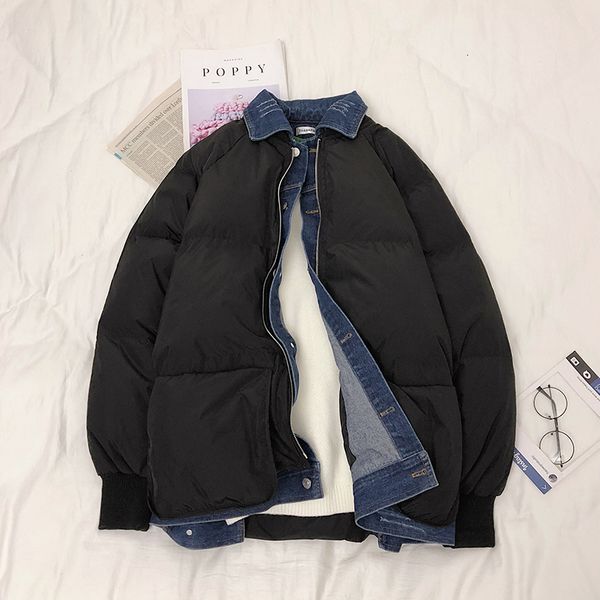 

men's down & parkas winter jacket men warm fashion denim stitching fake two pieces casual coat man streetwear wild loose cotton male cl, Black