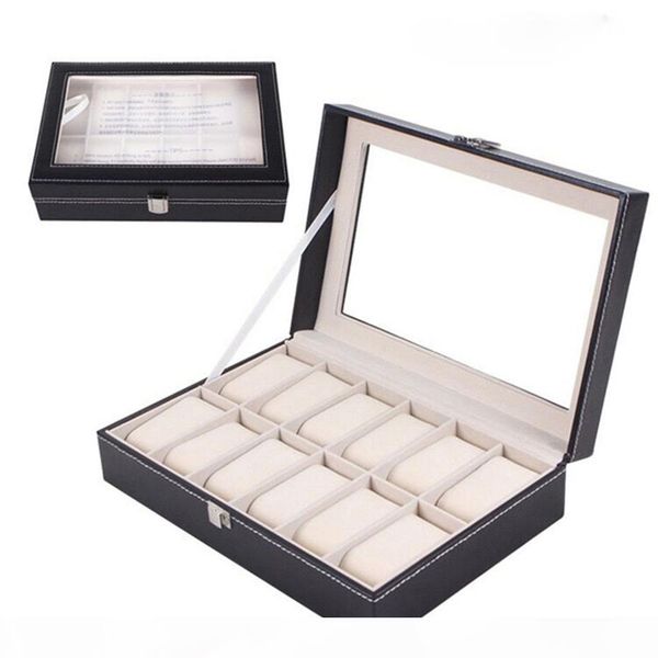 

12 grids fashion watch storage box pu leather black watch case organizer box holder for jewelry display collection, Black;blue