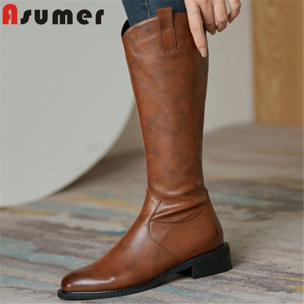 

asumer 2020 new arrive knee high boots women winter shoes low heel round toe vintage cowboy western boots ladies big size 43, Black