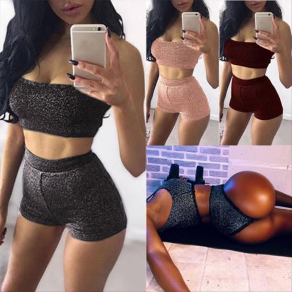 

2018 new 2 piece set for women shinny tube strapless crop slim shorts women sequins clothing set fashion outfits, Gray