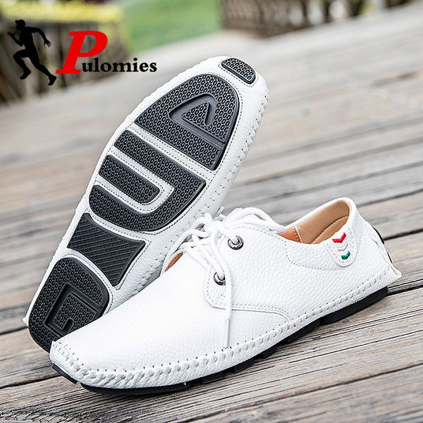 

pulomies men shoes casual leather shoes men loafers flats driving soft moccasins footwear walking loafers, Black
