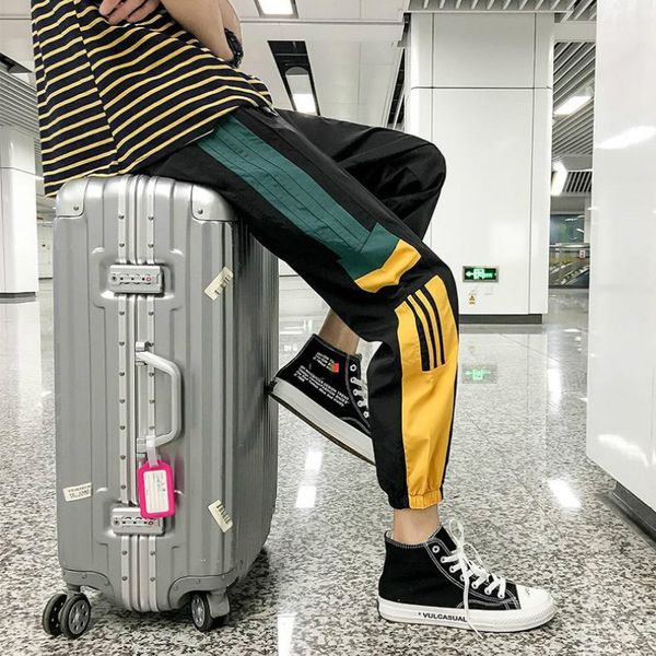 

mens new pants with panelled pattern drawstring sport pants casual nine points sweatpants fashion hiphop joggers asian size m-4xl, Black