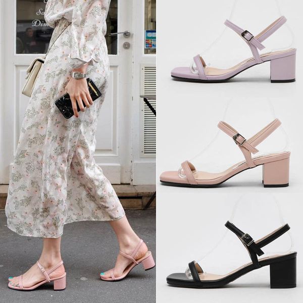 

eoeodoit women summer sandals med square heel open toe buckle heels shoes elegance fashion lady concise design sandals 5 cm, Black