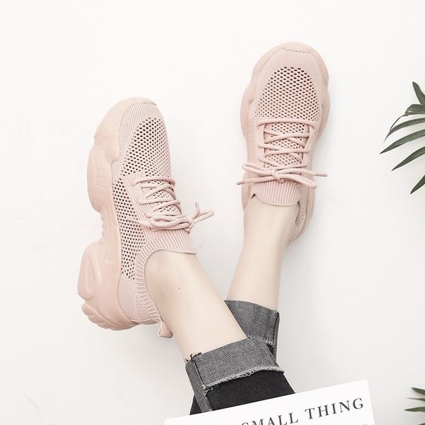 

2019 new spring platform sneakers flying line knitting designer women shoes casual female flats vulcanized shoes for woman, Black