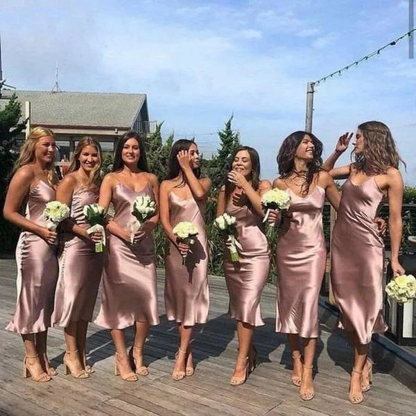 

tea length bridesmaid dresses sheath spaghetti straps vestidos para boda zipper up back beach wedding guest dresses, White;pink