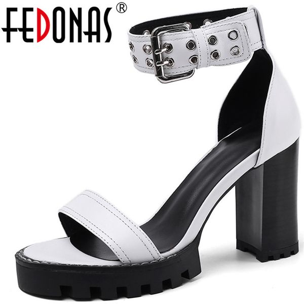 

fedonas rivets buckles high heeled side buckle cow leather women sandals slip on working shoes summer shoes woman 0922, Black