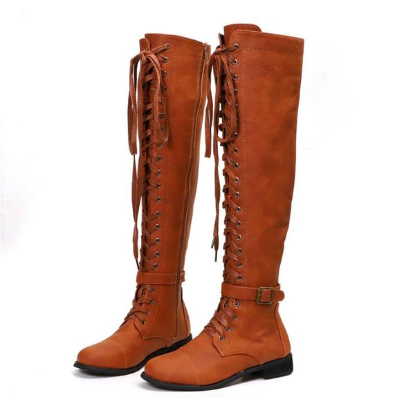 

big 43 women riding boots casual lace-up knee high boots round toe woman leather shoes belt buckle zippper brown long, Black