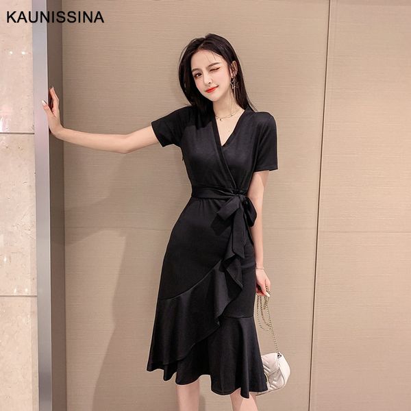 

party dresses kaunissina solid v-neck cocktail dress black knee length korean homecoming robe ladies summer, White;black