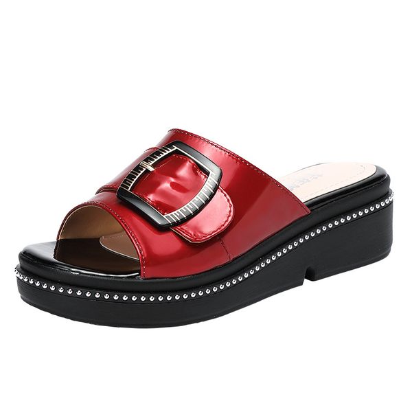 

open toe slippers medium heels women shoes 2020 summer leather platform wedges slides ladies slippers plus size 33-43, Black
