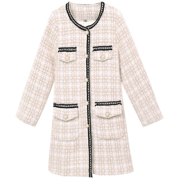 

autumn winter apricot plaid tweed wool long coat women notched single breasted sashes ruffles woolen overcoat jackets outwear, Black