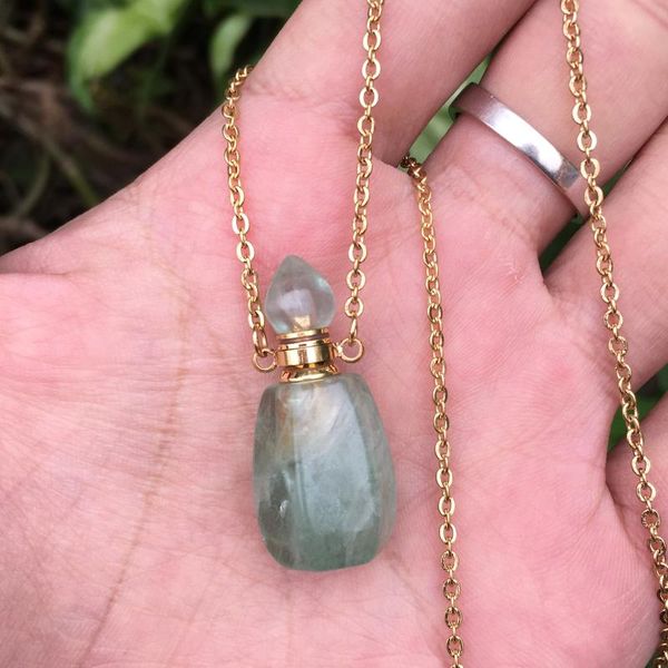 

faceted green aventurine necklace,energy necklace,essential oil diffuser ,perfume bottle necklace ,yellow jewel pendant, Silver