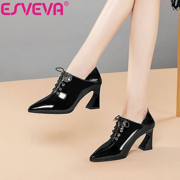 

esveva 2021 женщины насосы обувь узелок корова кожа + pu площади высокие каблуки toe остроконечные западная стиль женская обувь повседневная, Black