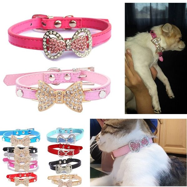 

50pcs dog cat pet puppy cat collar pu leather adjustable rhinestone bowknot necklace