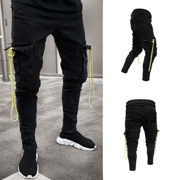 

pencil pants long trousers new 19ss mens black ripped jeans yellow designer pockets, Blue