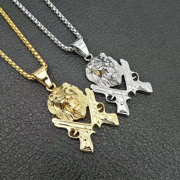 

stainless steel animal lion double gun pendant necklace for men women hip hop gift, Silver