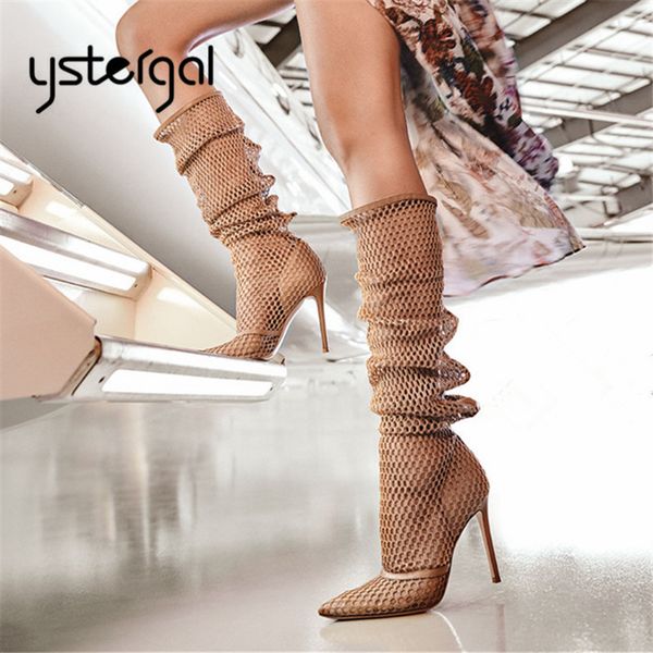 

ystergal mesh summer boots women slip-on knee high boots ladies high heel gladiator sandals pointed toe long botas mujer, Black