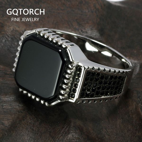 

genuine solid 925 sterling silver turkish rings for men black rings with stone square natural onyx vintage male jewelry anelli, Slivery;golden