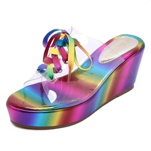 

color lace up beautiful fashion slope heel women's slippers large size 35-40 women shoes thick sole, Black