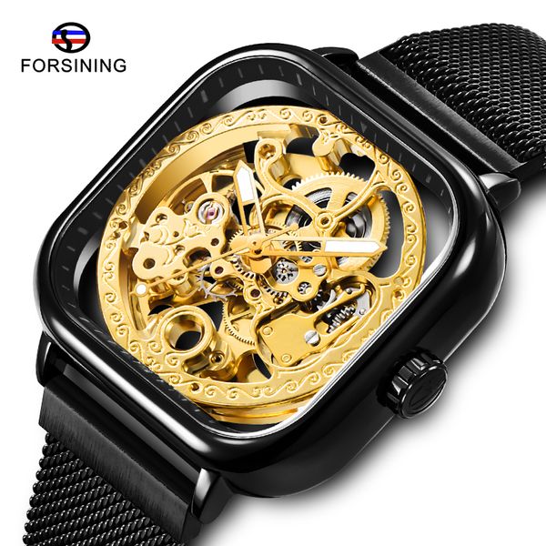 

luxury forsining men automatic watch square slim black mesh steel band mechanical skeleton wristwatch male fashion clock, Slivery;brown