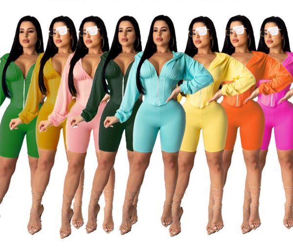 

женщины с длинным рукавом толстовка tracksuit мода solid color двухкусочный сценография zipper рубашка топы шорты костюм повседневная одежда, Gray