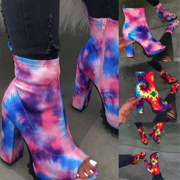 

women boots autumn and winter tie-dye high-heeled shoes ankle shoes boots leather booties feminina woman party shoes#0813, Black